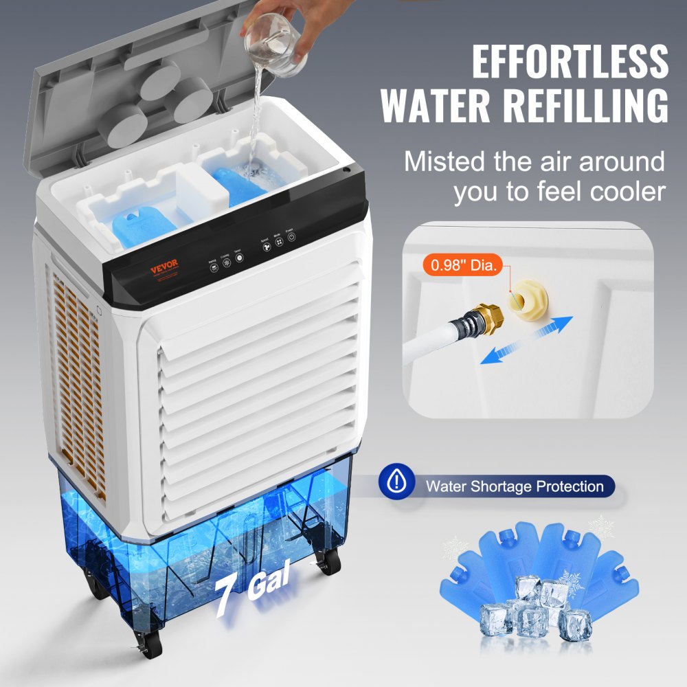 White portable evaporative swamp cooler with 7-gallon water tank, hose connection, and ice packs.