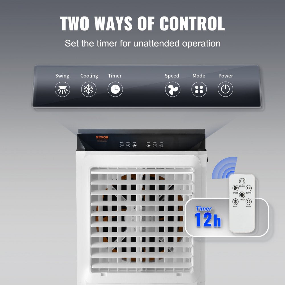 Bostome 2100 CFM evaporative cooler with remote, 7-gallon tank, and 12-hour timer control.