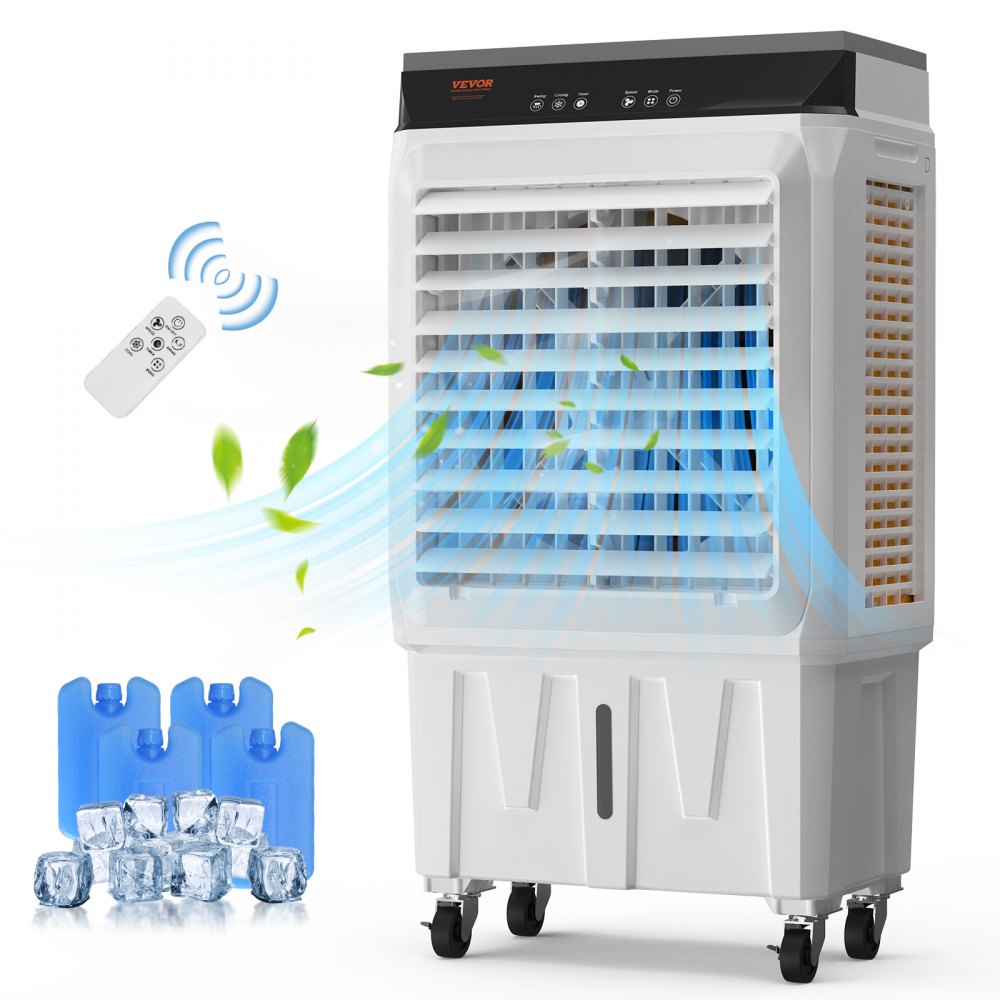 White portable evaporative swamp cooler with control panel, remote, ice packs, and airflow illustration.