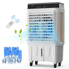 White portable evaporative swamp cooler with control panel, remote, ice packs, and airflow illustration.