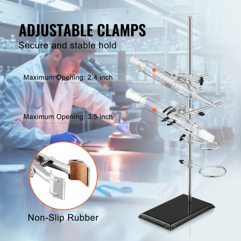 Lab Stand Support, Laboratory Retort Support Stand 2 Sets, Steel Lab Stand 23.6" Rod and 8.3" x 5.5" Cast Iron Base, Includes Flask Clamps, Burette Clamps and Cross Clamps