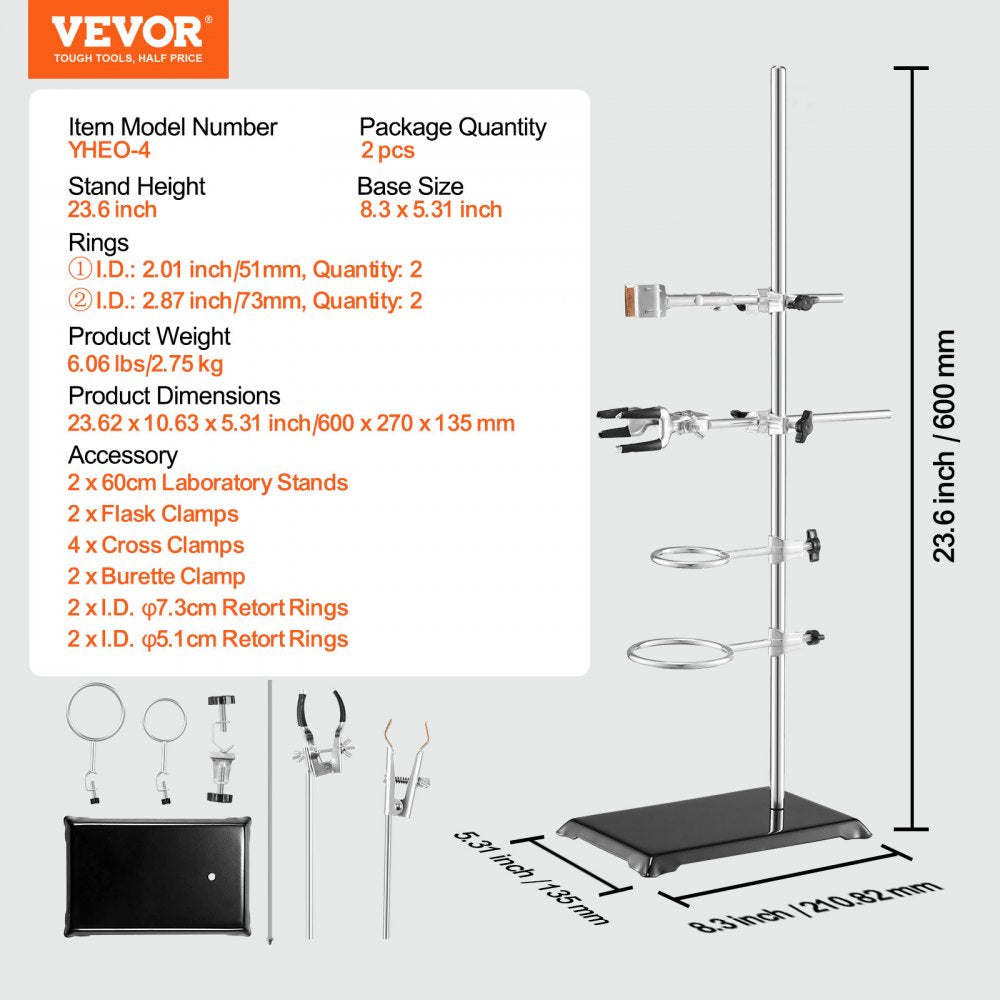 Lab Stand Support, Laboratory Retort Support Stand 2 Sets, Steel Lab Stand 23.6" Rod and 8.3" x 5.5" Cast Iron Base, Includes Flask Clamps, Burette Clamps and Cross Clamps