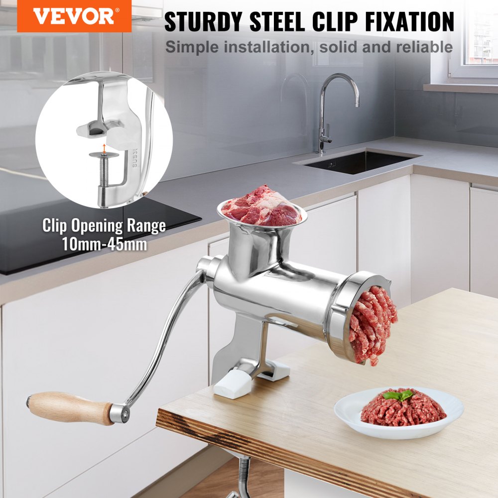 Manual Meat Grinder, All Parts Stainless Steel, Hand Operated Meat Grinding Machine with Tabletop Clamp, 2 Grinding Plates & Sausage Stuffer, Ideal for Home Kitchen Restaurant Butcher’s Shop