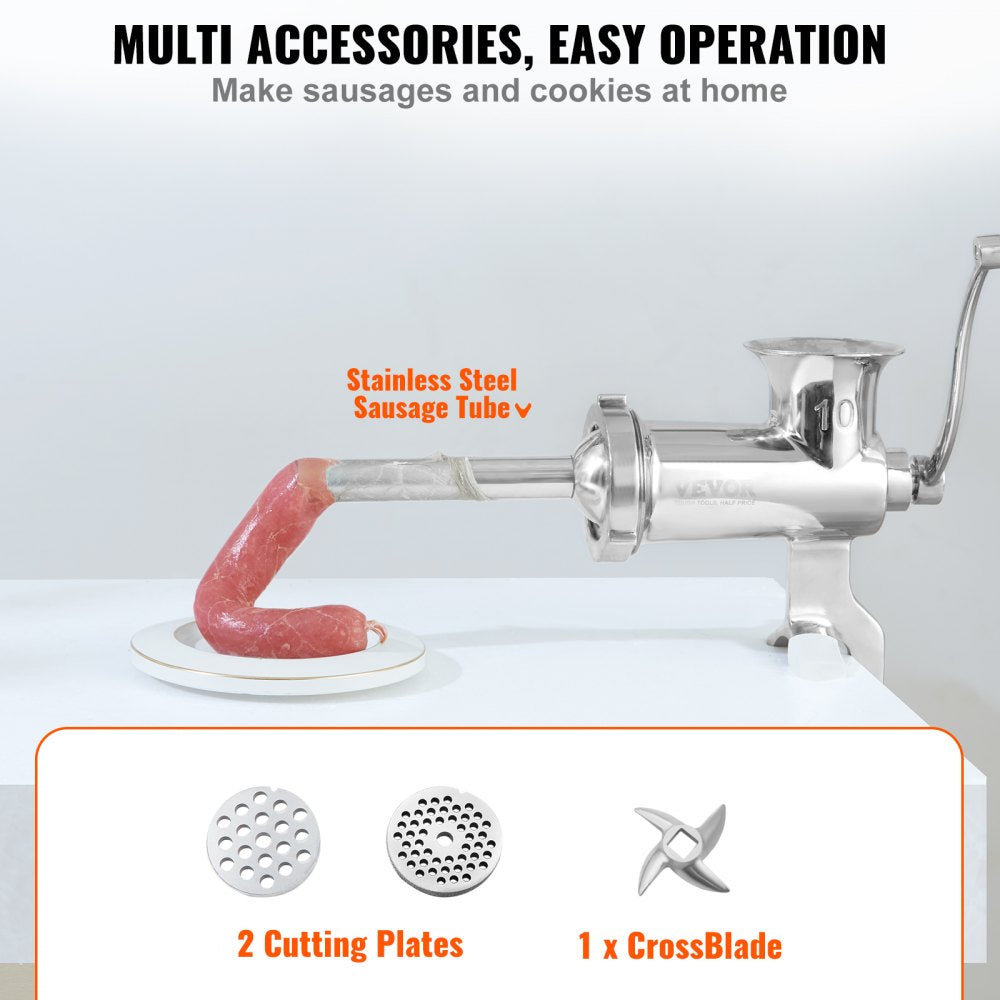 Manual Meat Grinder, All Parts Stainless Steel, Hand Operated Meat Grinding Machine with Tabletop Clamp, 2 Grinding Plates & Sausage Stuffer, Ideal for Home Kitchen Restaurant Butcher’s Shop
