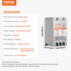 3 Phase Converter - 10HP 30A 220V Single Phase to 3 Phase Converter, Digital Phase Shifter for Residential and Light Commercial Use, 220V-240V Input/Output (One Converter for One Motor Only)