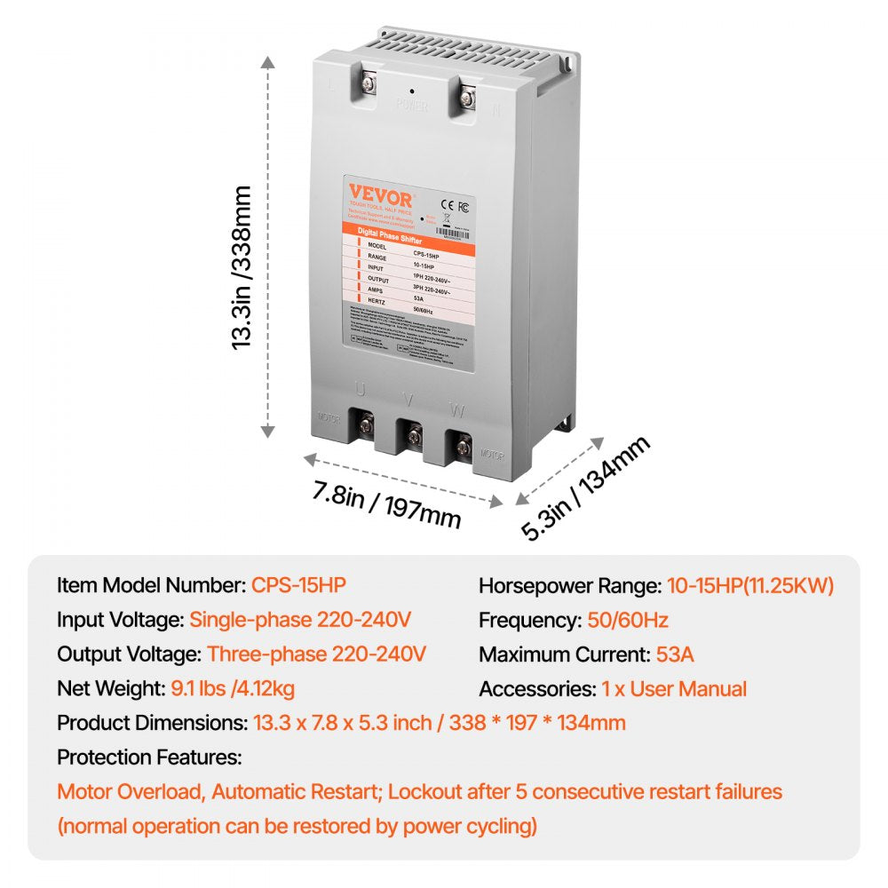 Bostome 15HP phase converter with compact design for converting single-phase to three-phase power.