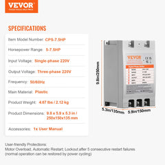 3 Phase Converter- 7.5HP 23A 220V Single Phase to 3 Phase Converter, Digital Phase Shifter for Residential & Light Commercial Use, 220V-240V Input/Output (One Converter Must Be Used on One Motor Only)