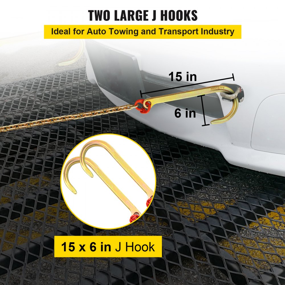 J Hook Chain, 5/16 in x 10 ft Bridle Tow Chain, G80 Bridle Transport Chain, Alloy Steel Chain with 2 G70 J Hooks, 9260 Lbs Break Strength Tow Hooks for Trucks, J Hooks Towing Straps 2PCS