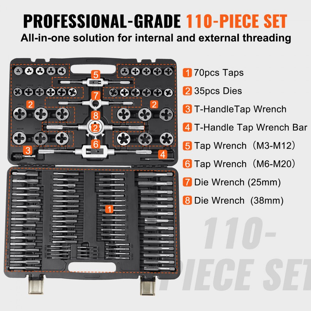 Bostome 110-piece tap and die set with metric sizes M2-M18 in a portable case.