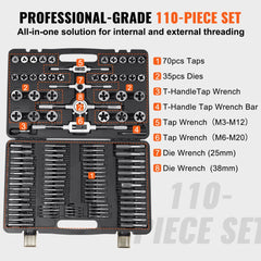 Bostome 110-piece tap and die set with metric sizes M2-M18 in a portable case.