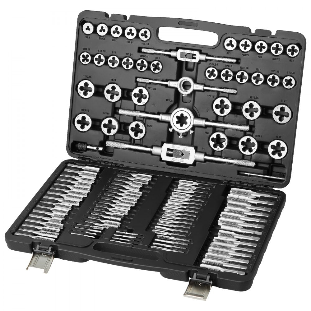 110-piece tap and die set in a portable case, featuring M2-M18 hardened bearing steel tools.