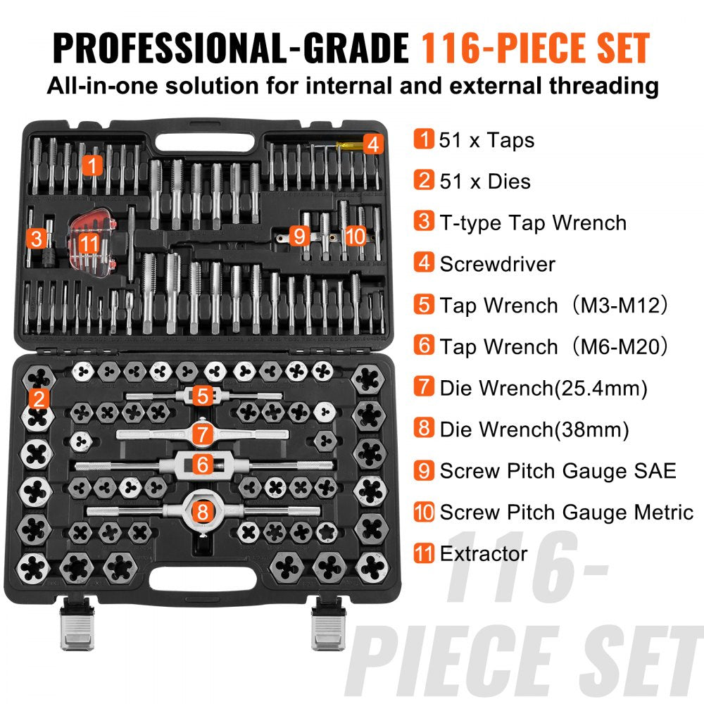 Bostome 116-piece tap and die set with metric and SAE tools in a portable storage case.