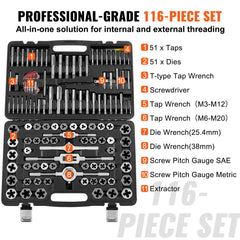 Bostome 116-piece tap and die set with metric and SAE tools in a portable storage case.