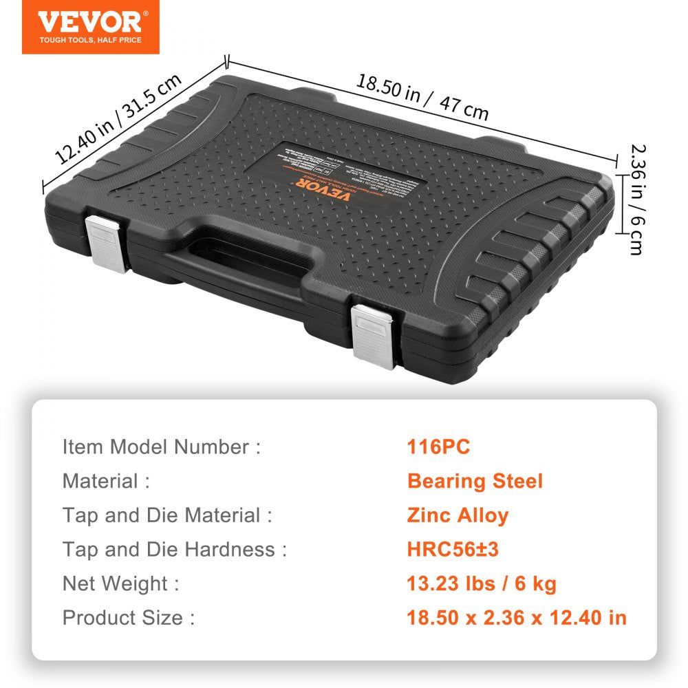 116-piece tap and die set with metric and SAE tools in a portable storage case.