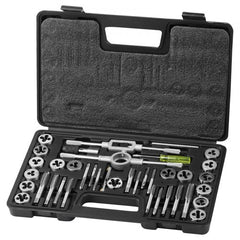 Open black case containing 40-piece metric tap and die set in bearing steel, sizes M3 to M12.