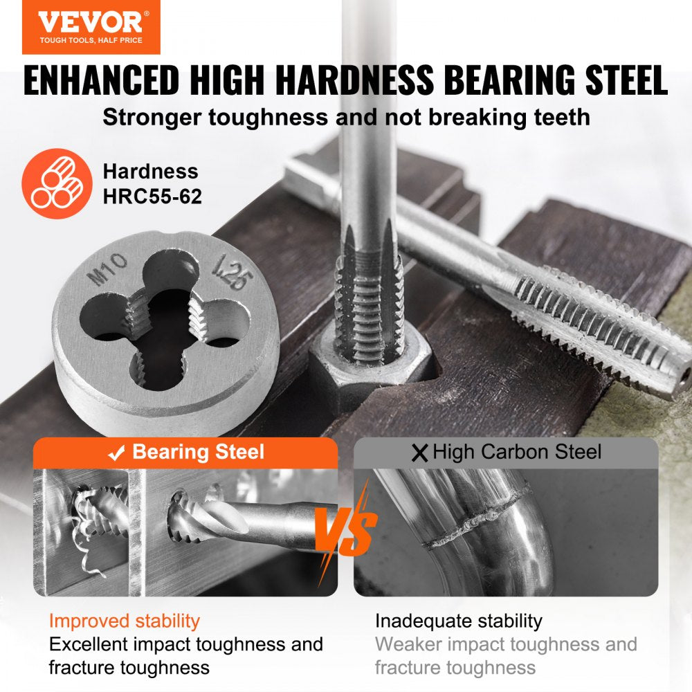 40-piece metric tap and die set in bearing steel, sizes M3 to M12, with case.