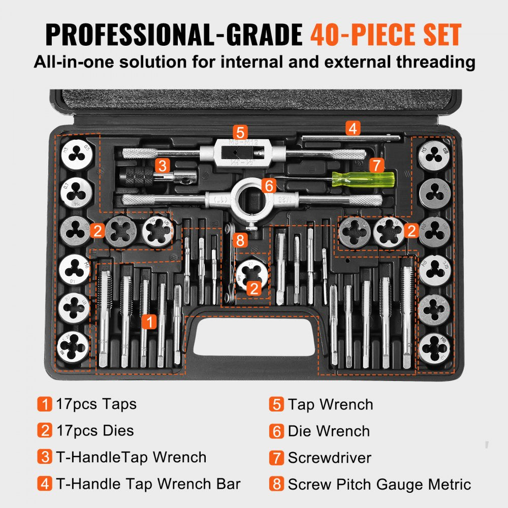 Open black case containing 40-piece metric tap and die set with tools including taps, dies, wrenches, and gauges.
