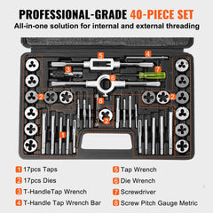 Open black case containing 40-piece metric tap and die set with tools including taps, dies, wrenches, and gauges.