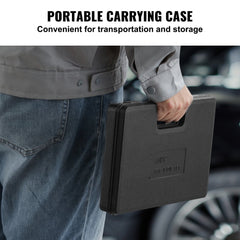 A man holds a black portable carrying case for a 40-piece metric tap and die set.