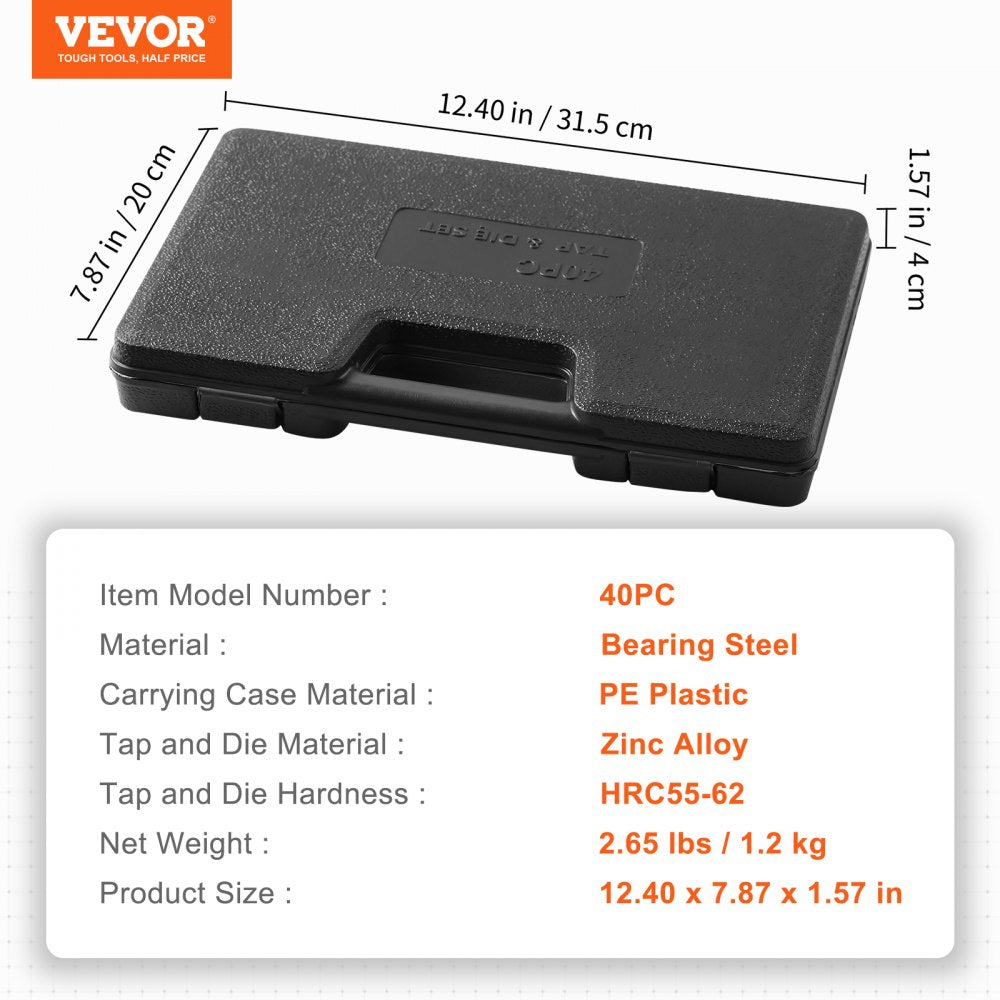 Black 40-piece metric tap and die set in PE case with dimensions 12.4 x 7.87 x 1.57 inches.