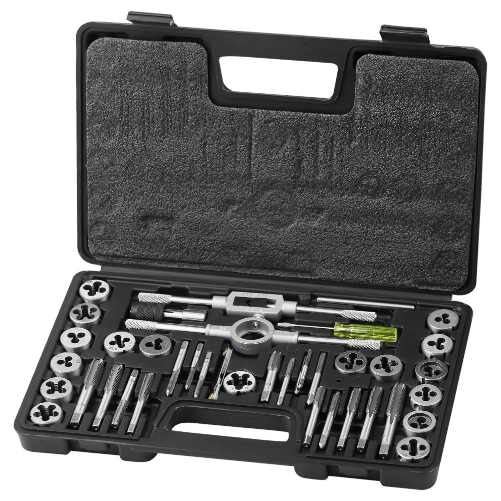 Open black case containing 40-piece metric tap and die set in bearing steel, sizes M3 to M12.