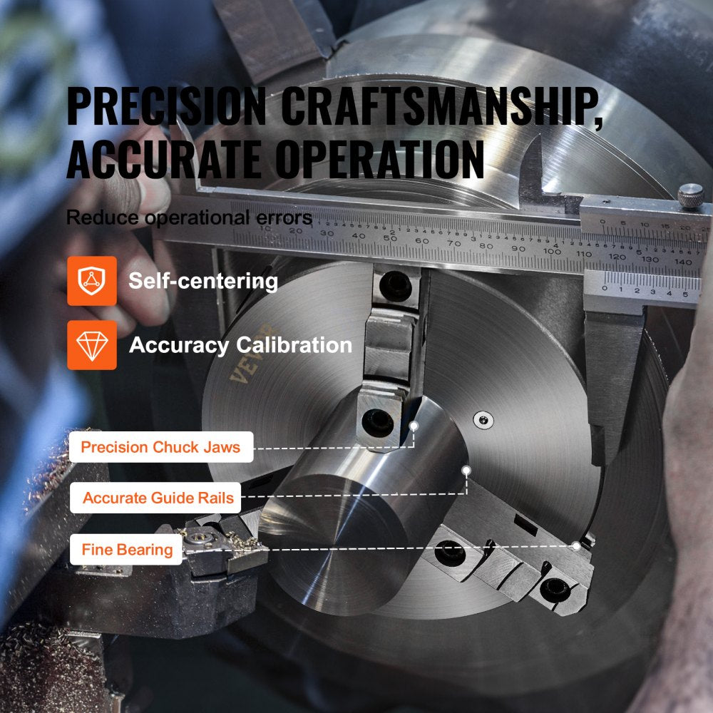 3-Jaw Lathe Chuck, 10``, Self-Centering Lathe Chuck, 0.24-9.84 in/6-250 mm Clamping Range with T-key Fixing Screws Hexagon Wrench, for Lathe 3D Printer Machining Center Milling Drilling Machine
