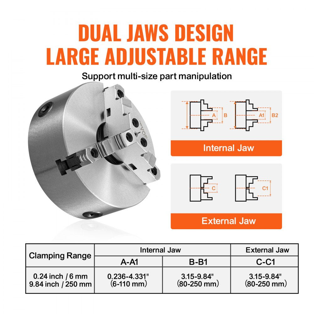 3-Jaw Lathe Chuck, 10``, Self-Centering Lathe Chuck, 0.24-9.84 in/6-250 mm Clamping Range with T-key Fixing Screws Hexagon Wrench, for Lathe 3D Printer Machining Center Milling Drilling Machine