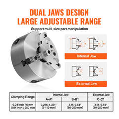 3-Jaw Lathe Chuck, 10``, Self-Centering Lathe Chuck, 0.24-9.84 in/6-250 mm Clamping Range with T-key Fixing Screws Hexagon Wrench, for Lathe 3D Printer Machining Center Milling Drilling Machine