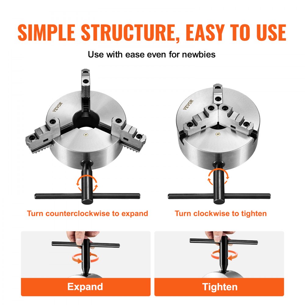 3-Jaw Lathe Chuck, 10``, Self-Centering Lathe Chuck, 0.24-9.84 in/6-250 mm Clamping Range with T-key Fixing Screws Hexagon Wrench, for Lathe 3D Printer Machining Center Milling Drilling Machine
