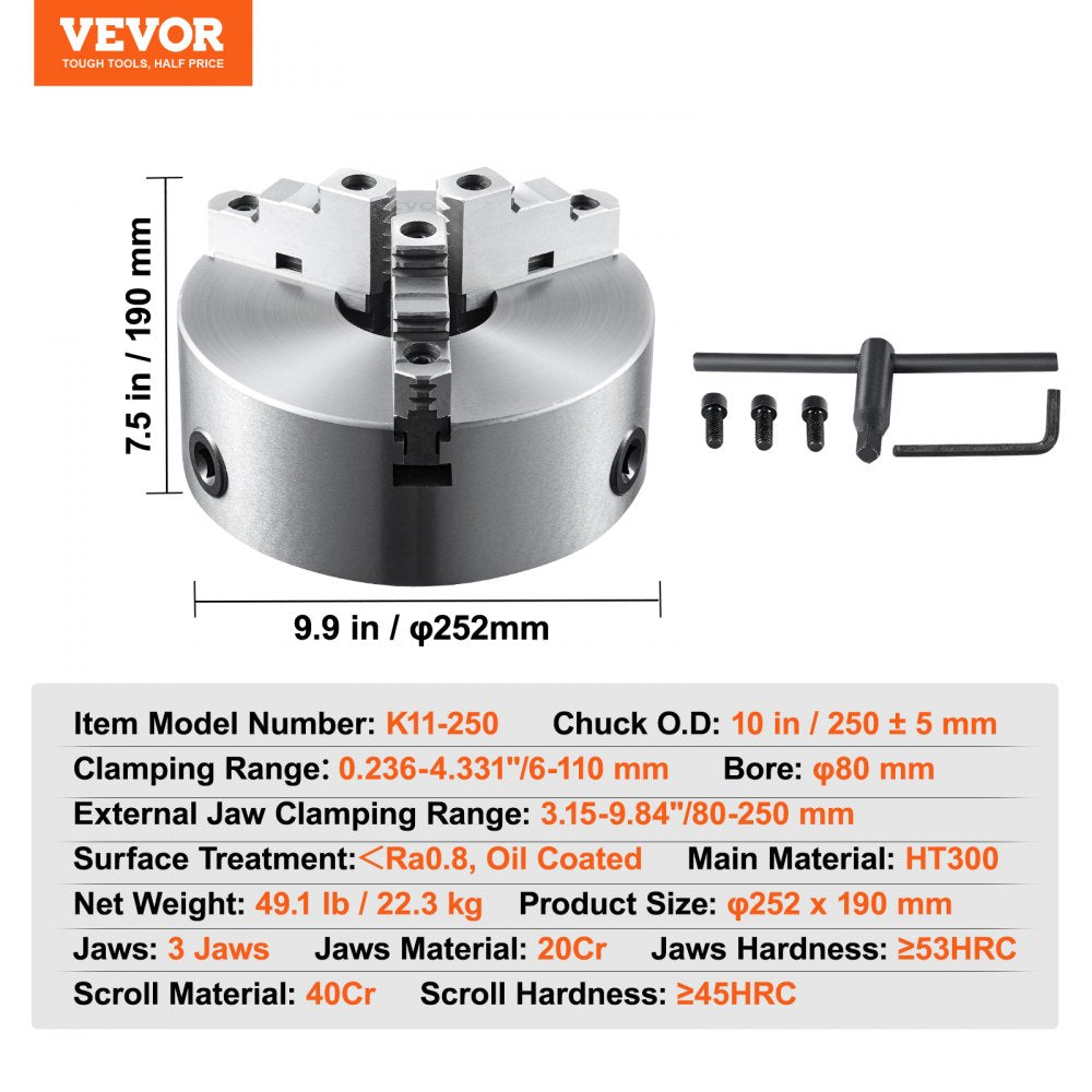 3-Jaw Lathe Chuck, 10``, Self-Centering Lathe Chuck, 0.24-9.84 in/6-250 mm Clamping Range with T-key Fixing Screws Hexagon Wrench, for Lathe 3D Printer Machining Center Milling Drilling Machine
