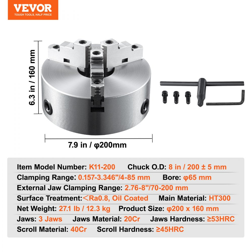 3-Jaw Lathe Chuck, 8``, Self-Centering Lathe Chuck, 0.16-8 in/4-200 mm Clamping Range with T-key Fixing Screws Hexagon Wrench, for Lathe 3D Printer Machining Center Milling Drilling Machine