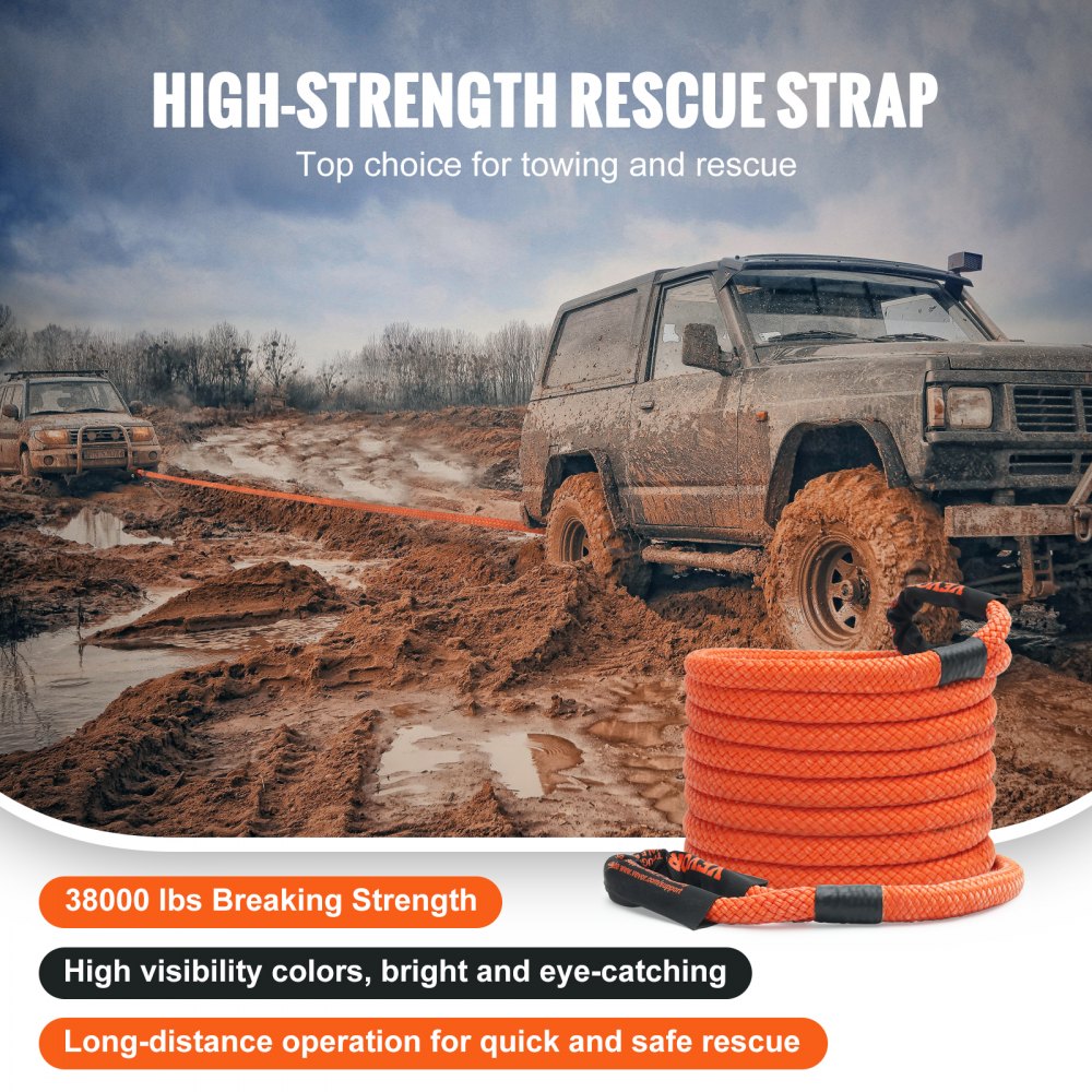 1" x 30` Kinetic Recovery Tow Rope 38,000 lbs, Heavy-Duty Off Road Snatch Strap, Extreme Duty 30% Elasticity Energy Snatch Strap for Jeep Car Truck ATV UTV SUV Tractor