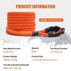 1" x 30` Kinetic Recovery Tow Rope 38,000 lbs, Heavy-Duty Off Road Snatch Strap, Extreme Duty 30% Elasticity Energy Snatch Strap for Jeep Car Truck ATV UTV SUV Tractor