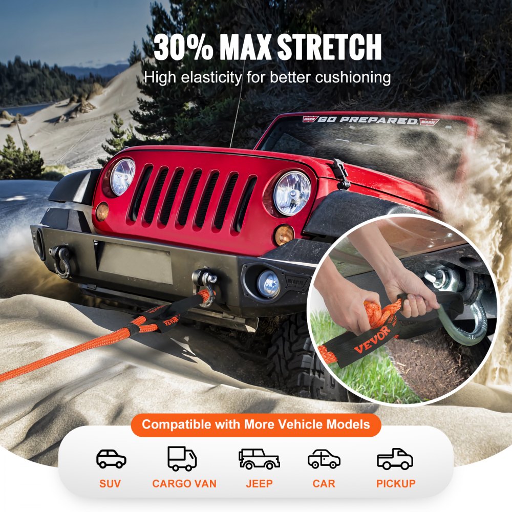 7/8" x 30` Kinetic Recovery Tow Rope 30,580lbs, Heavy-Duty Off Road Snatch Strap with 2 Soft Shackles (41750lbs) Extreme Duty 30% Elasticity Energy Snatch Strap Jeep Car Truck ATV Tractor