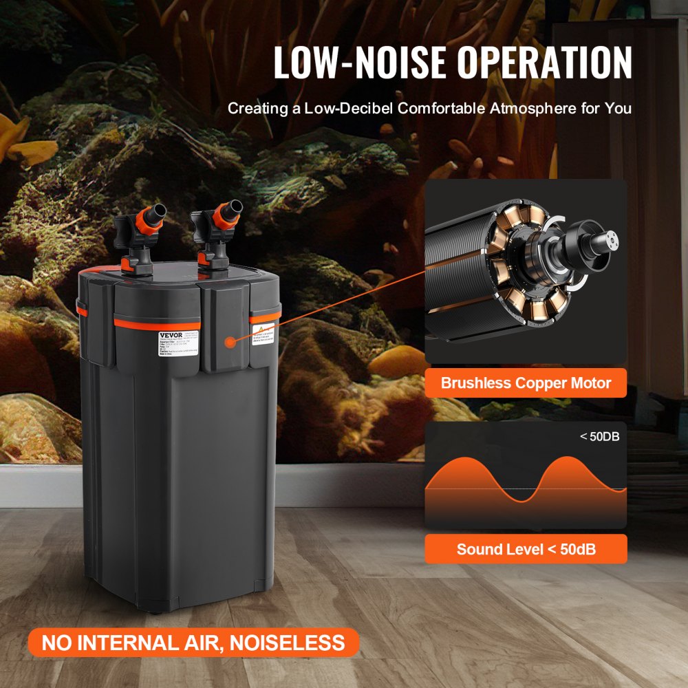 Black canister aquarium filter with orange accents, showing low-noise motor and 50dB sound level.