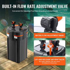 Black canister aquarium filter with built-in flow adjustment valve and air vent.