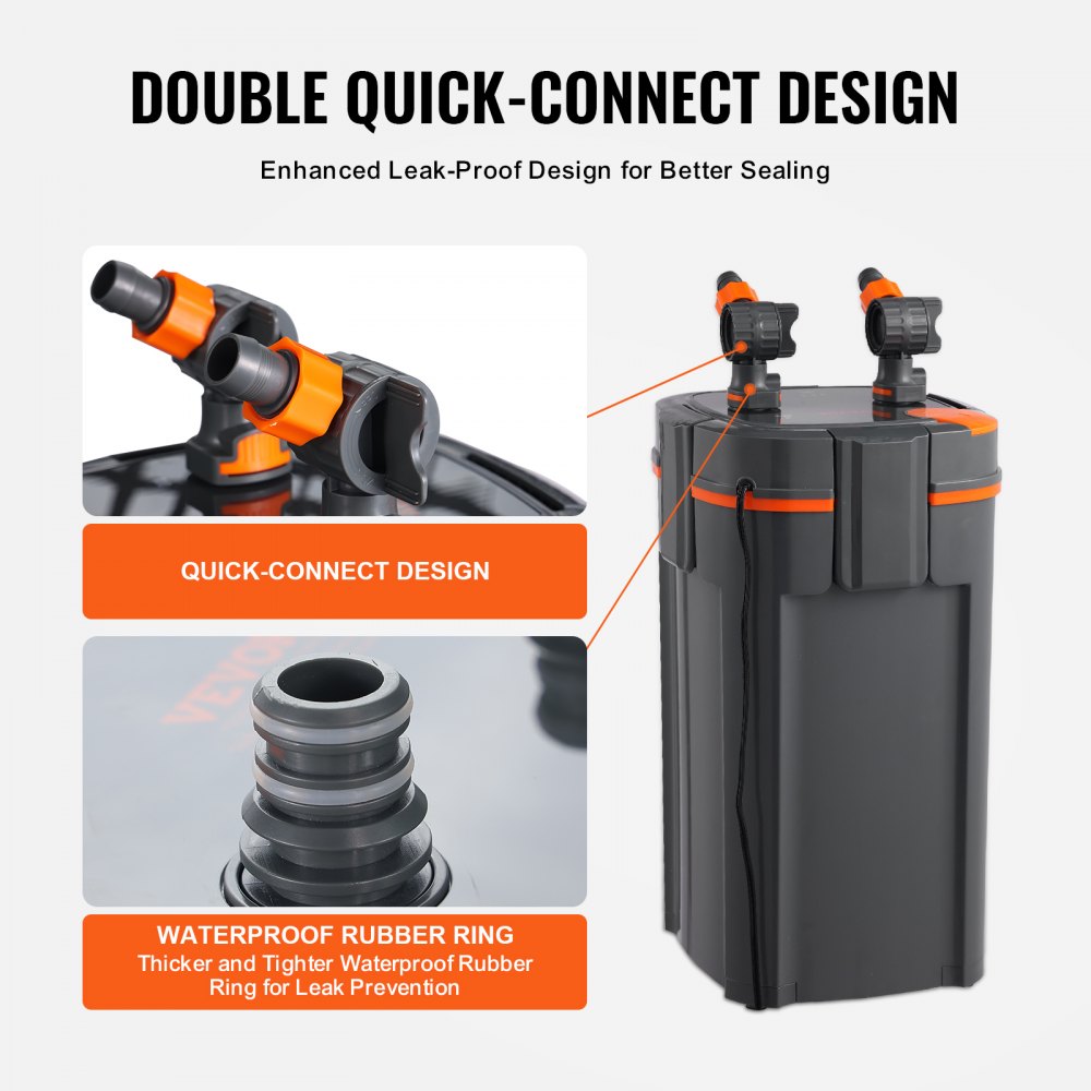 Bostome 396GPH aquarium filter with dual quick-connect heads and waterproof rubber sealing rings.
