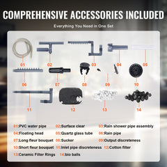 Infographic showing comprehensive accessories for Bostome 4-stage canister aquarium filter, including shower head, quartz glass tube, and ceramic filter rings.