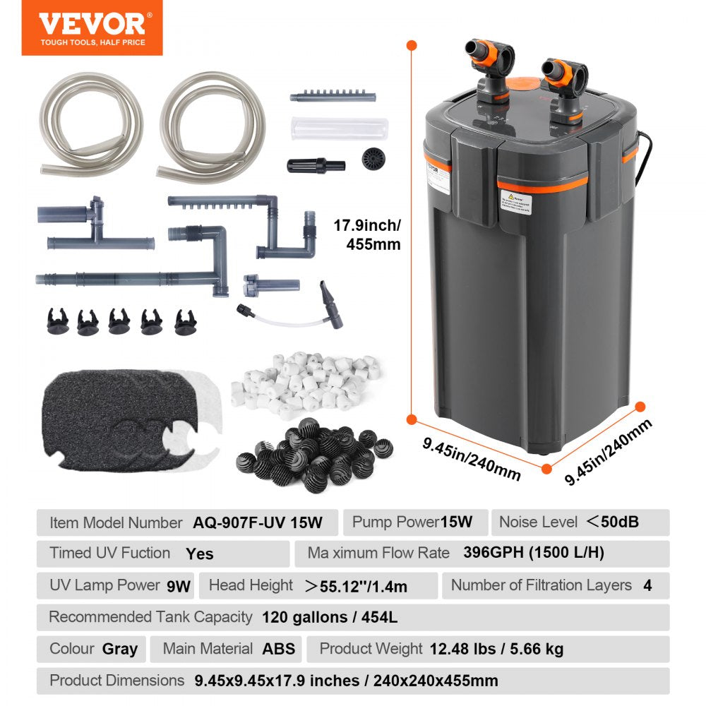 Gray 4-stage canister aquarium filter with UV, hoses, and multiple filter media components.