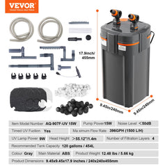 Gray 4-stage canister aquarium filter with UV, hoses, and multiple filter media components.