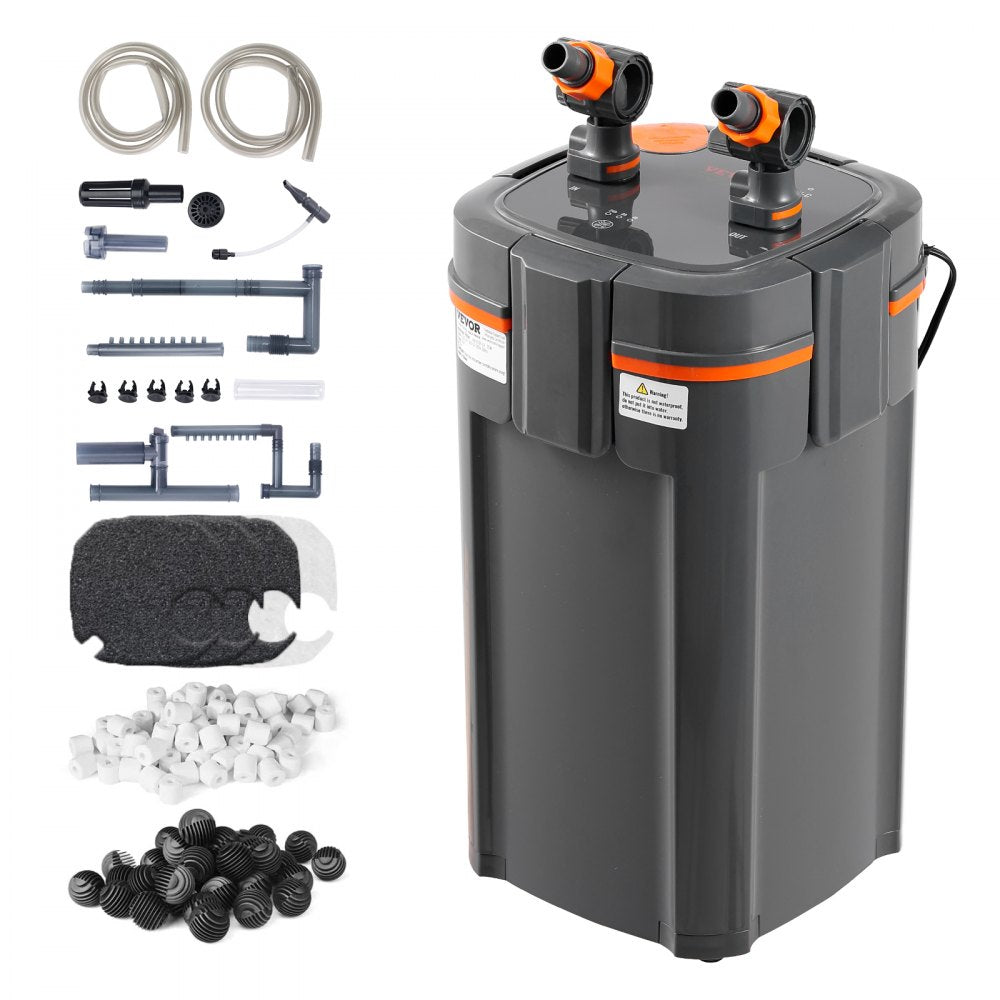 Gray 4-stage canister aquarium filter with UV, 396GPH for 120-gallon tanks, shown with hoses, media, and accessories.
