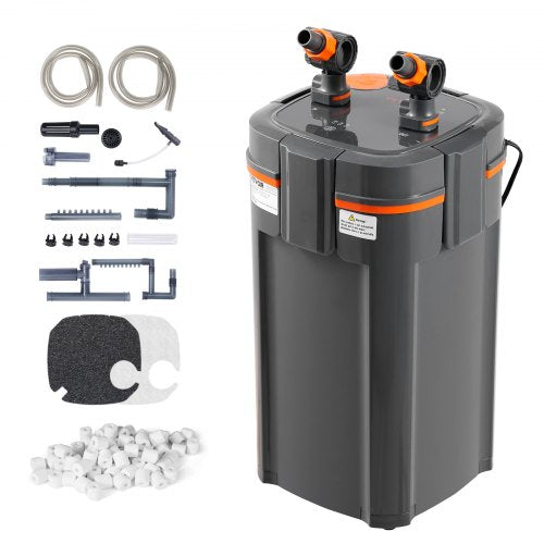 Bostome 225GPH 2-stage canister aquarium filter with UV for 55-gallon tanks, shown with hoses, media, and accessories.