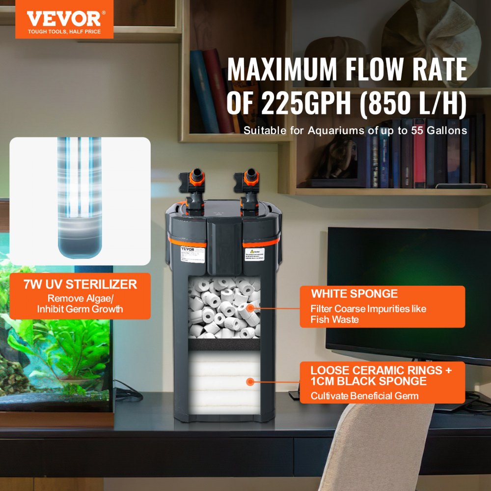 Bostome 225GPH 2-stage canister aquarium filter with UV for 55-gallon tanks.