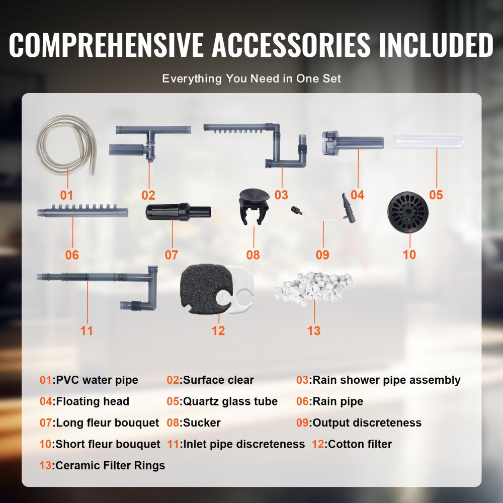 Infographic of Bostome 2-stage canister aquarium filter accessories including quartz glass tube, rain shower pipe, and ceramic filter.