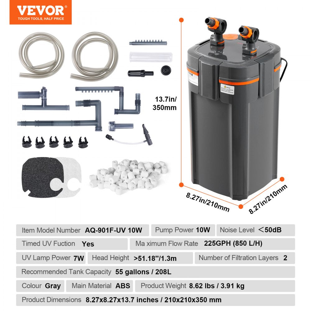 Gray Bostome 225GPH 2-stage canister aquarium filter with UV for 55-gallon tanks, showing components and dimensions.