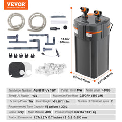 Gray Bostome 225GPH 2-stage canister aquarium filter with UV for 55-gallon tanks, showing components and dimensions.