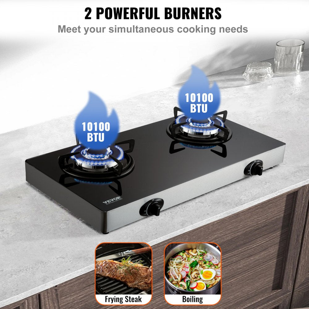 Gas Cooktop 28 inch, Max 10100BTU 2 Burners Tempered Glass Countertop Gas Stove Top, Portable Natural Gas Hob with Pulse Electronic Ignition for Outdoor, Kitchen, Camping, RV, Apartment