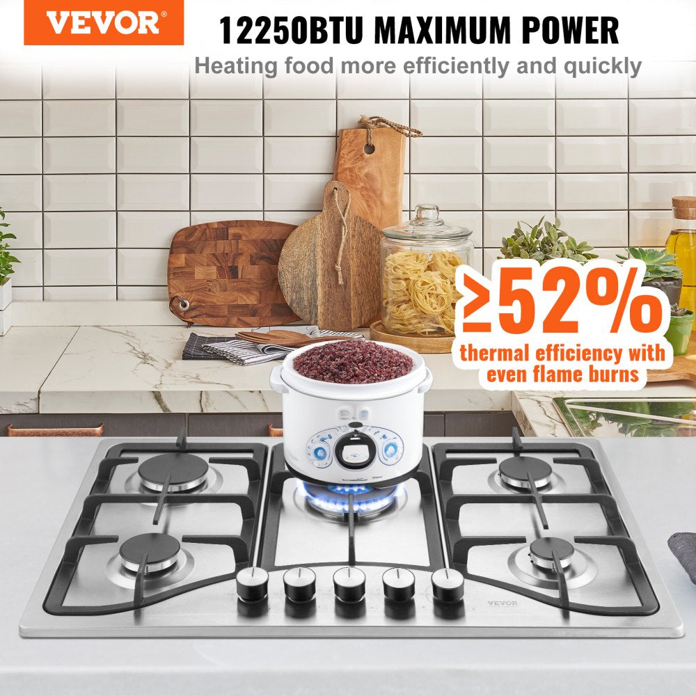 Gas Cooktop 30 inch, Max 12250BTU 5 Burners Built-in Stainless Steel Gas Stove Top, LPG/NG Convertible Dual Fuel Natural Gas Hob with Thermocouple Protection