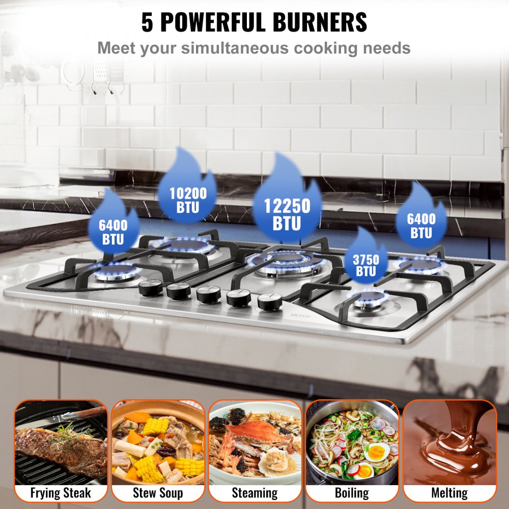 Gas Cooktop 30 inch, Max 12250BTU 5 Burners Built-in Stainless Steel Gas Stove Top, LPG/NG Convertible Dual Fuel Natural Gas Hob with Thermocouple Protection