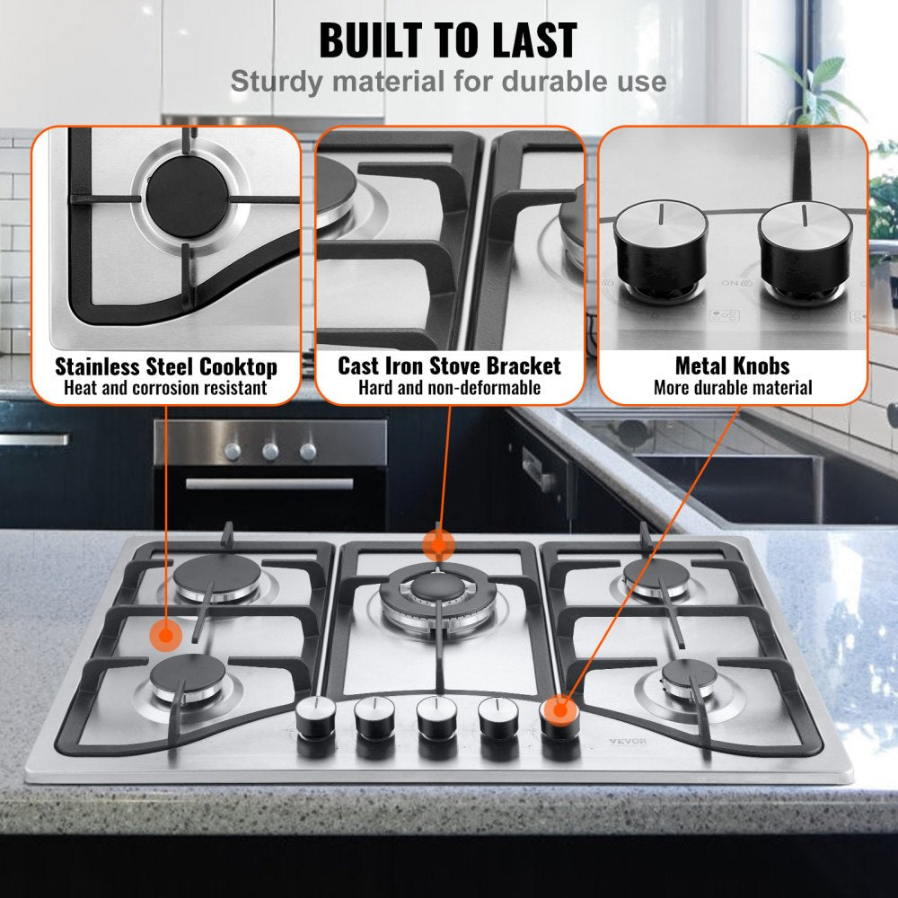 Gas Cooktop 30 inch, Max 12250BTU 5 Burners Built-in Stainless Steel Gas Stove Top, LPG/NG Convertible Dual Fuel Natural Gas Hob with Thermocouple Protection